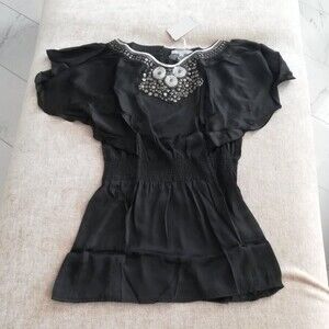 Lucy Paris Black and Silver Embellished Flowy Tunic Blouse Size Large NWT
